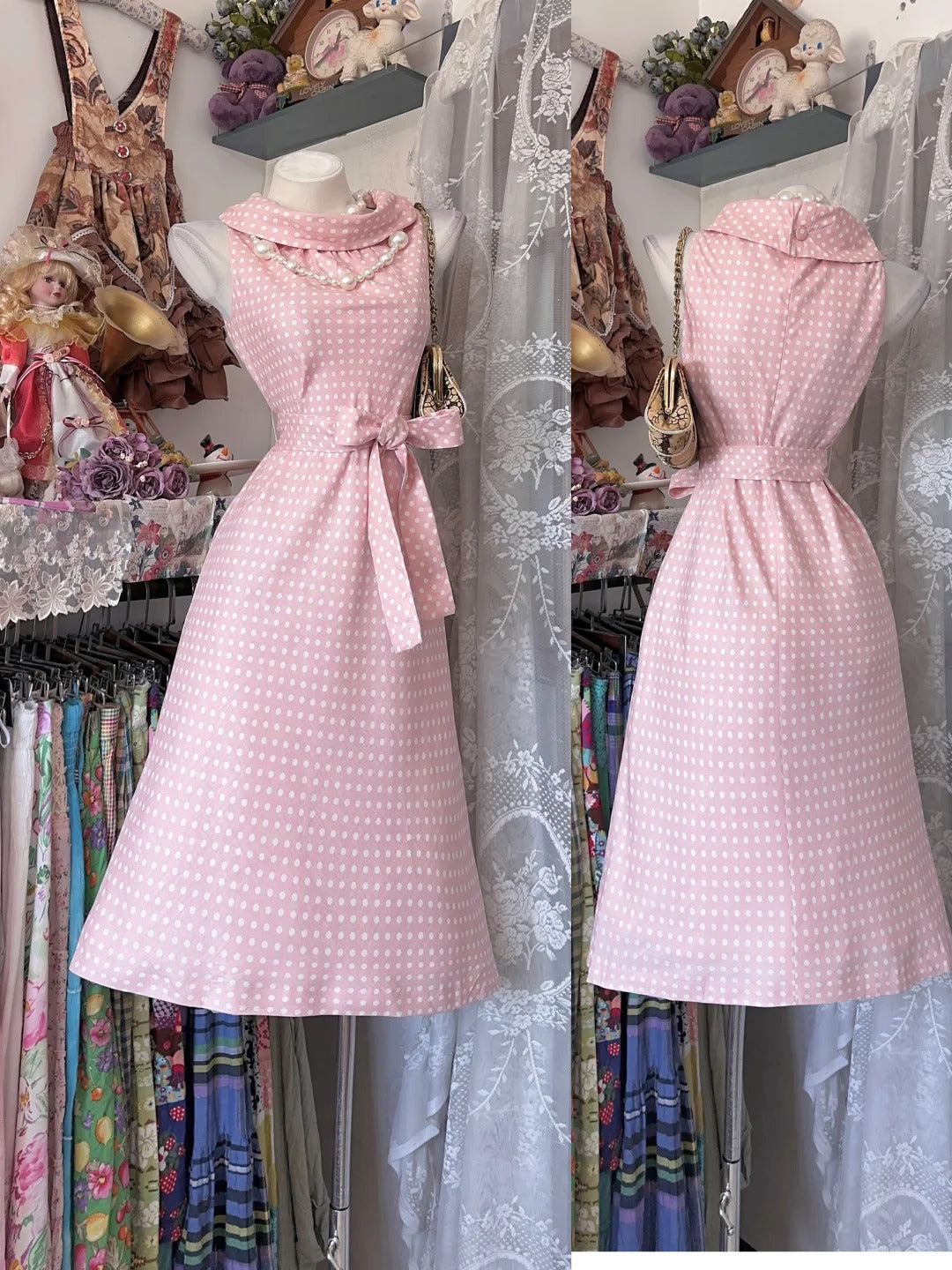 Vintage Sheath Cowl Neckline Pink Polka Dots Midi Date Night Evening Outfit Formal Prom Dresses RB5291