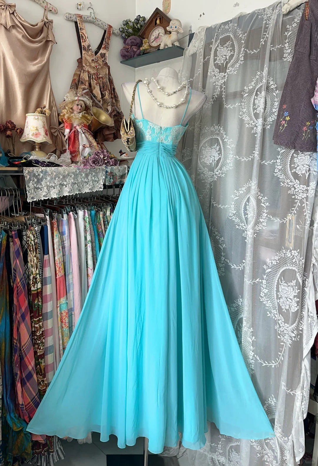 Flamboyant A line Spaghetti Strap Blue Chiffon Lace Date Night Evening Outfit Formal Prom Dresses RB5289