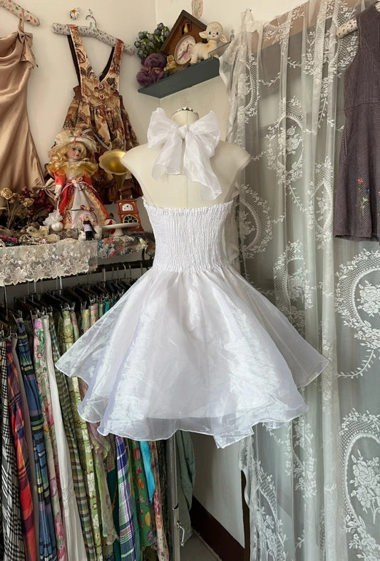 Simple Ball Gown Halter White Satin Short Mini Graduation Birthday Gown Homecoming Dresses N3755