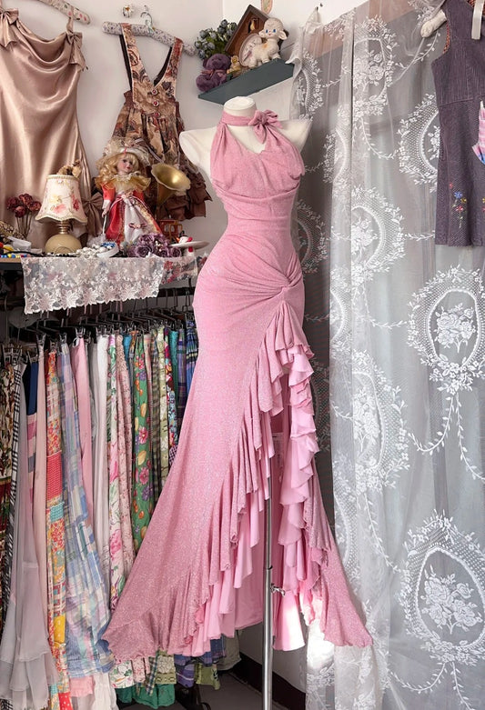 Elegant Prom Dresses Mermaid Halter Pink Sequin Sleeveless Formal Evening Outfits N3784