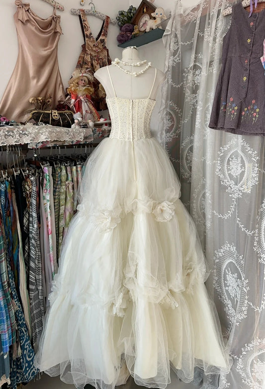 Vintage Prom Dresses Aesthetic Ball Gown White Tulle Inspo Formal Party Dress N1990