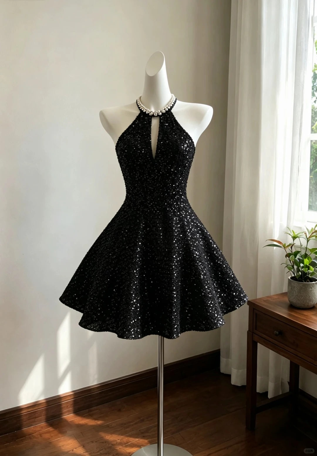 Classy A Line Halter Little Black Dress Sequin Night Short Graduation – RubyFashionDress