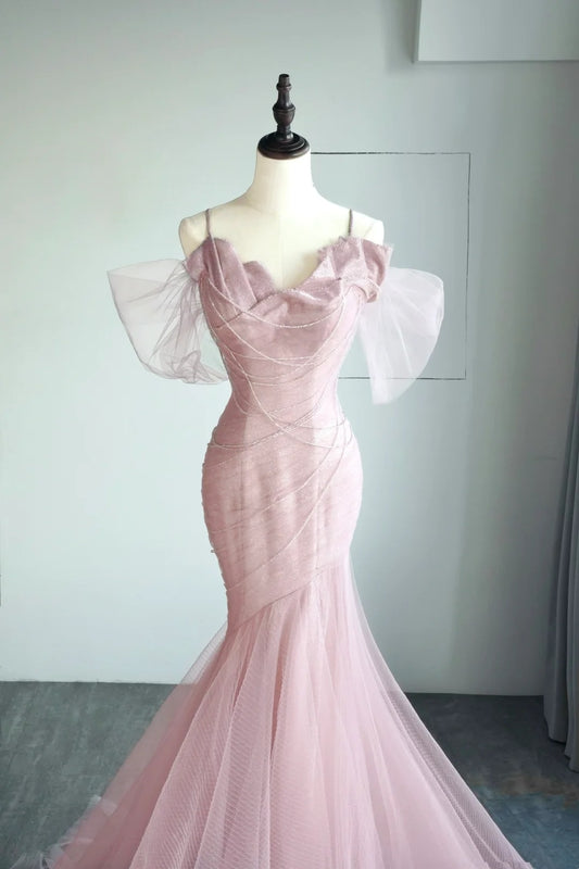 Gorgeous Mermaid Spaghetti Strap Pink Tulle Prom Dresses Sleeveless Long Formal Party Gown AB336