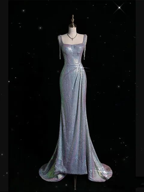 Sexy Prom Dress Women Square Collar Bead Tassel Long Zipper High Slit Mermaid Sequined Glitter Formal Dance Evening Party Gowns AB1711