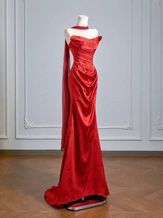 Flattering Mermaid Strapless Red Satin With Scarf Prom Dresses Long Evening Formal Birthday Party Gowns N383