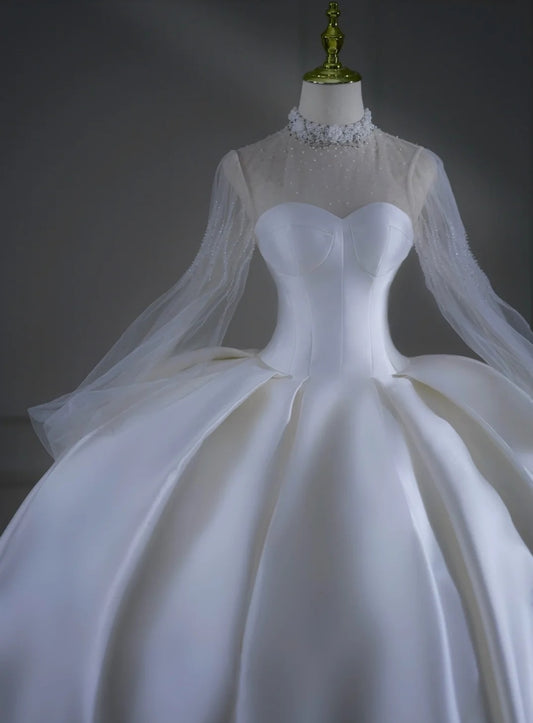 Timeless Wedding Dresses Ball Gown High Neck Satin Beaded Brides Dress Court Train Fitted Long Bridal Gowns AB2521