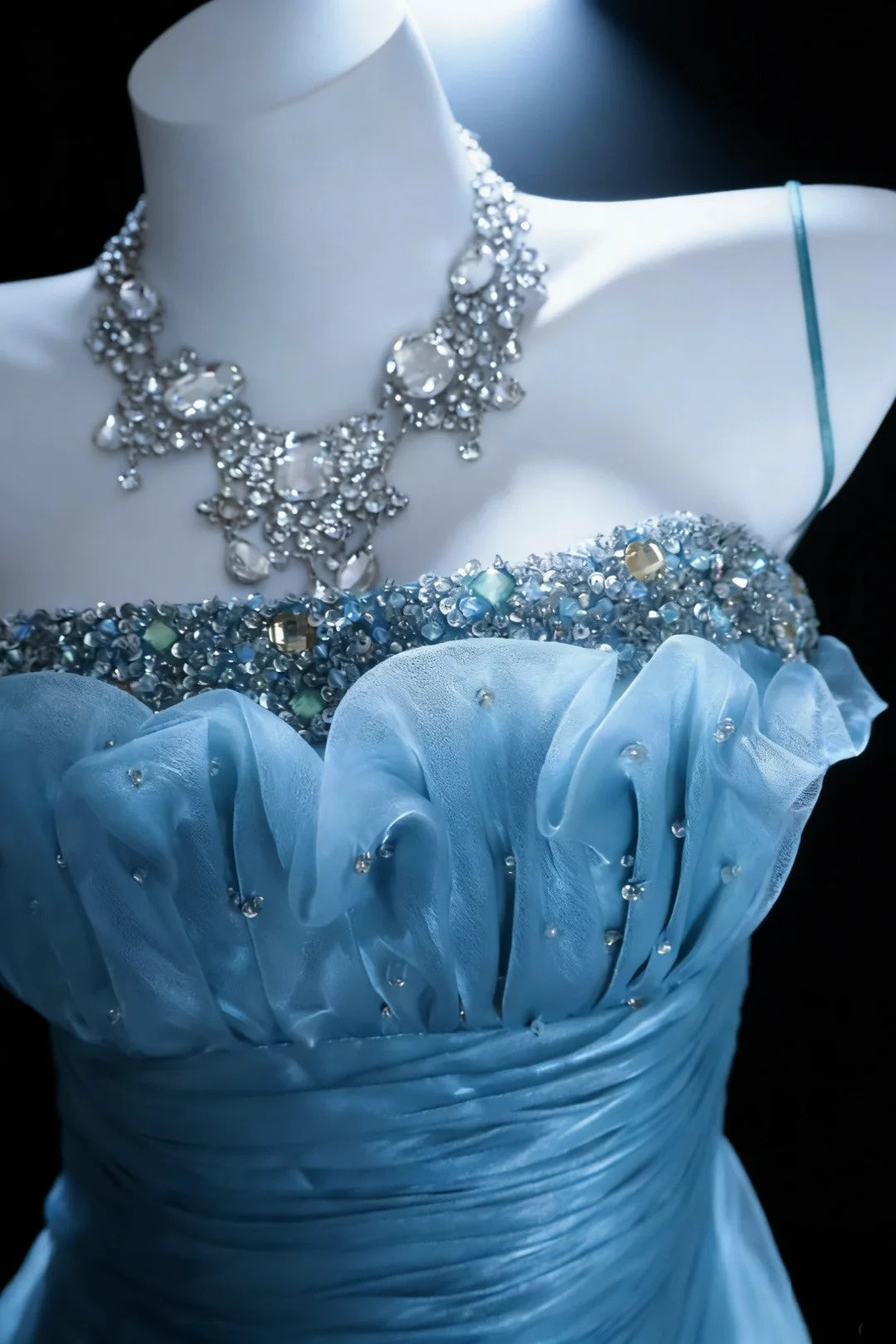 Pretty Prom Dresses Mermaid Spaghetti Strap Blue Organza With Beaded Bodice Long Formal Dress N3045