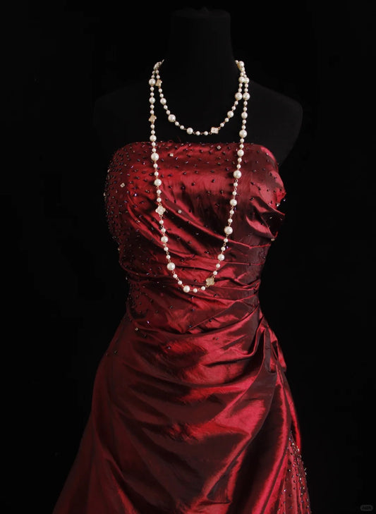 Vintage Prom Dresses 1960s Ball Gown Strapless Burgundy Wine Red Satin Floor Length Sleeveless Evening Formal Outfits RB4932