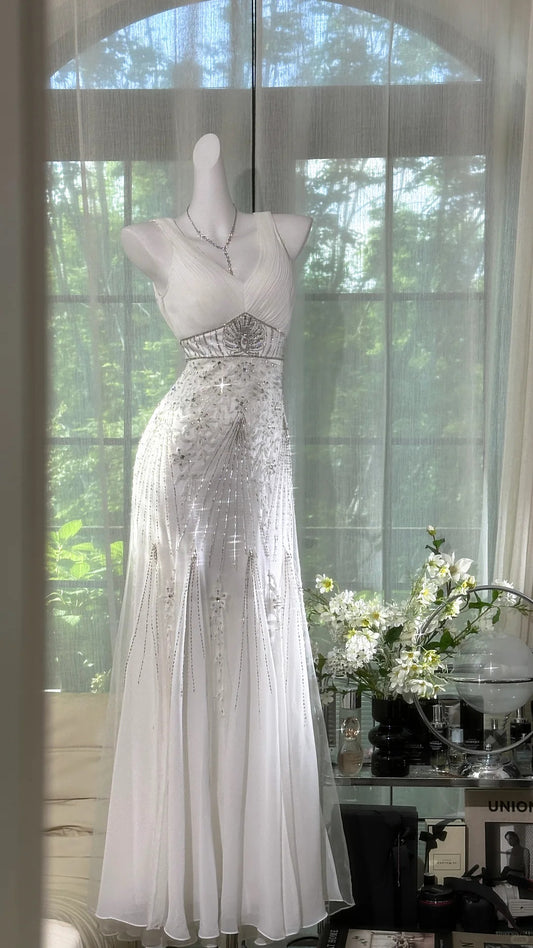 Charming Prom Dresses Mermaid Spaghetti Strap White Chiffon Floor Length Evening Outfits N3579