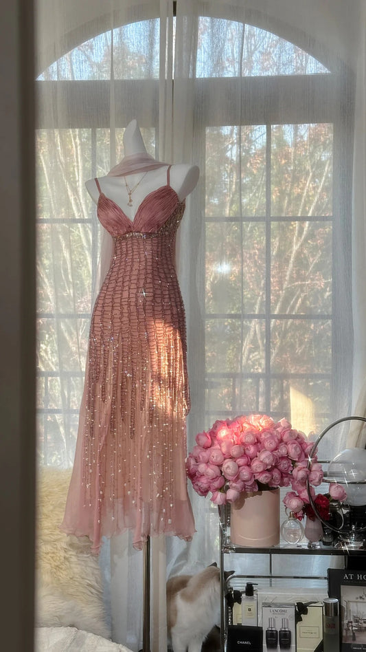 Charming Prom Dresses Mermaid Spaghetti Strap Pink Chiffon Tea Length Evening Outfits N3554