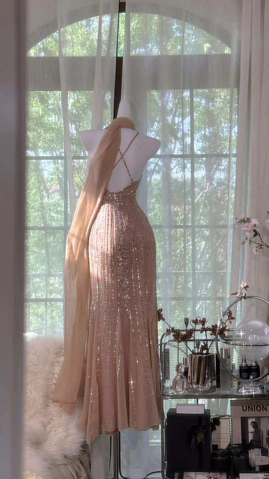 Modest Prom Dresses Mermaid Halter Champagne Chiffon With Beading Long Evening Outfits N3552