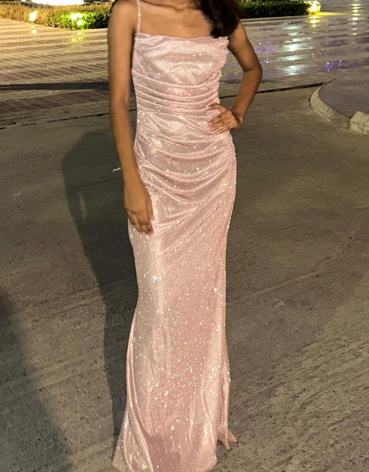Simple Mermaid Spaghetti Strap Pink Sequined With Pleated Long Prom Dresses Formal Dress Party 20th Birthday Outfits N412