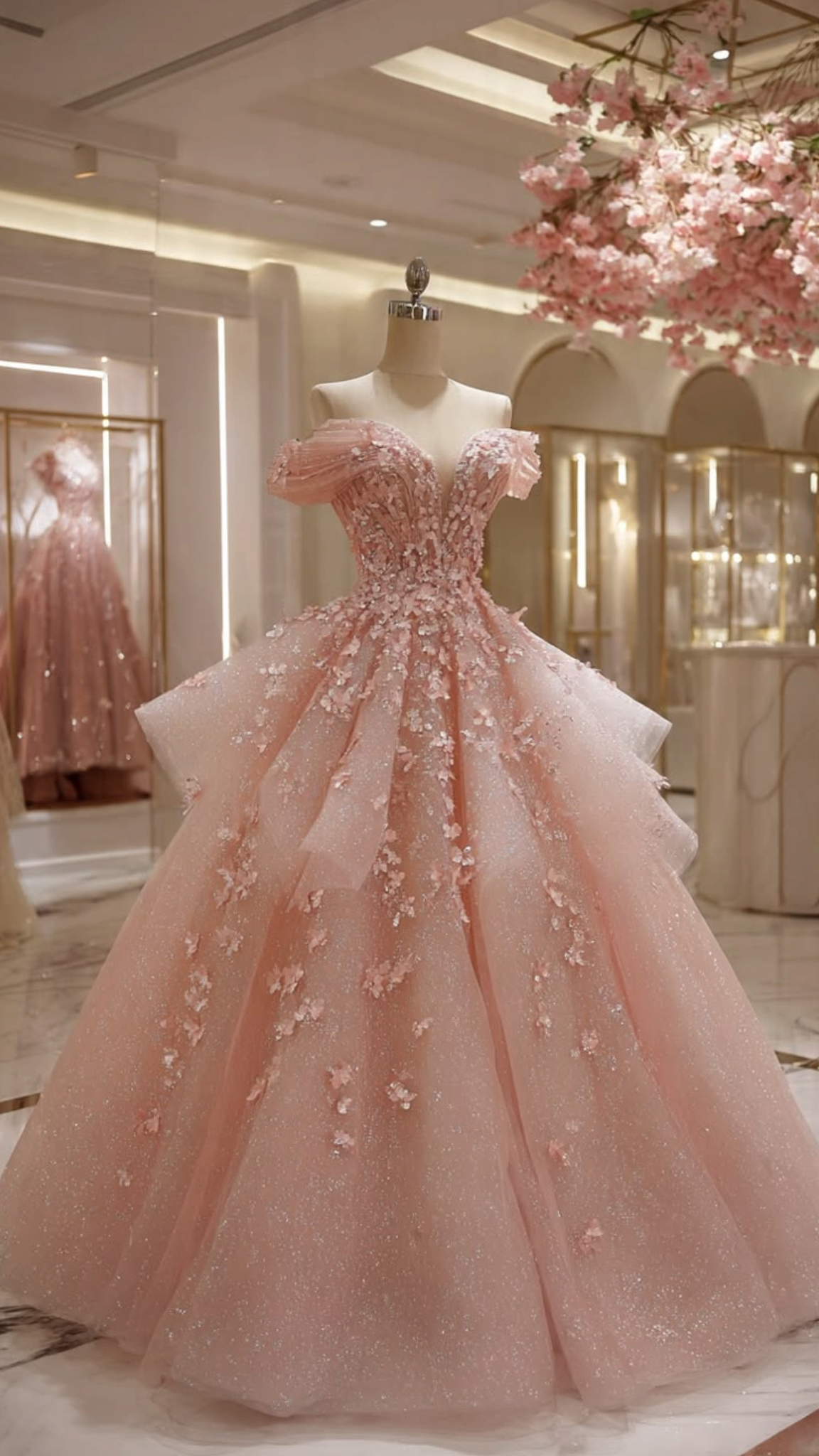 Pretty Ball Gown Off The Shoulder Pink Tulle With Flowers Appliqued Long Quince Dress Quinceanera Dresses Formal Birthday Outfits RB8212