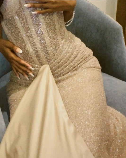 Glitery Senior Prom Dresses High Schools Inspiration Mermaid Champagne Sequin Long Semi Formal Grad Prom Dress For Teens AB2011