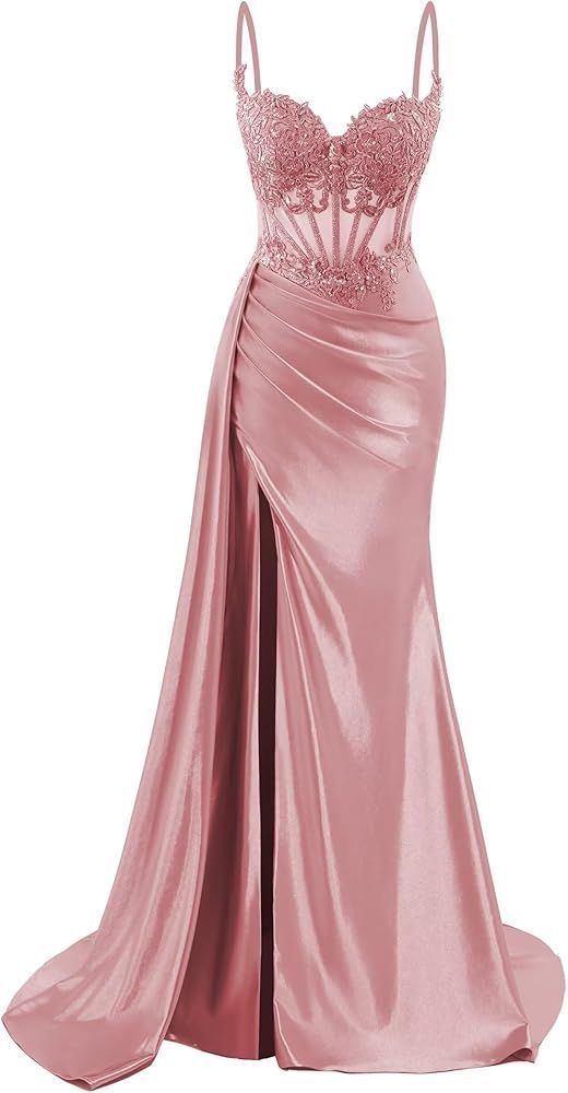 Satin Prom Dresses with Slit Lace Mermaid Long Evening Formal Ball Gowns Vestidos De Dia AB522