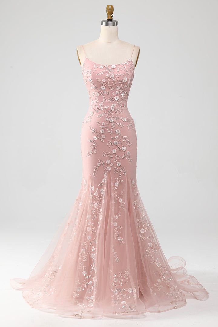 Spaghetti Straps Blush Pink Sparkly Beaded Mermaid Long Prom Dresses Vestidos De Dia AB526