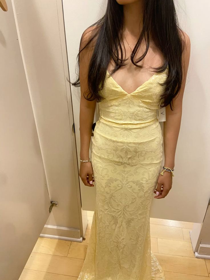 Simple Mermaid Spaghetti Strap Yellow Lace Long Summer Beach Black Tie Prom Dresses Spring Wedding Guest Dress N1400