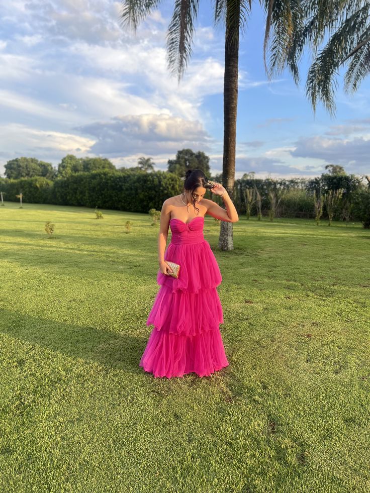 Sexy Ball Gown Sweetheart Basque Waist Corset Ruffle Hot Pink Tulle Long Formal Party Prom Dresses AB379