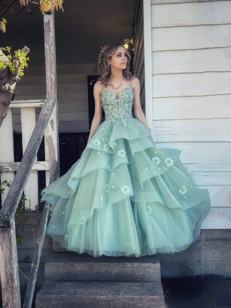 Elegant Sage Green Prom Dress Floral Tiered Ruffles Ball Gown Sweetheart Corset Long Formal Dress AB483