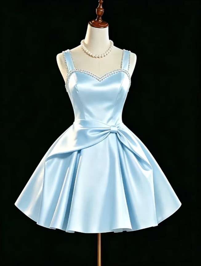 Unique Ball Gown Sweetheart Blue Satin With Pearls University Ideas Homecoming Dresses Inspo Short Hoco Court Gowns RB7187