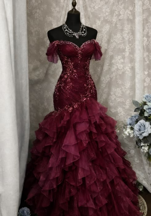 Elegant Mermaid Off The Shoulder Burgundy Tulle With Tiered Long Prom Dresses Formal Outfit Evening Night Dress RB8205