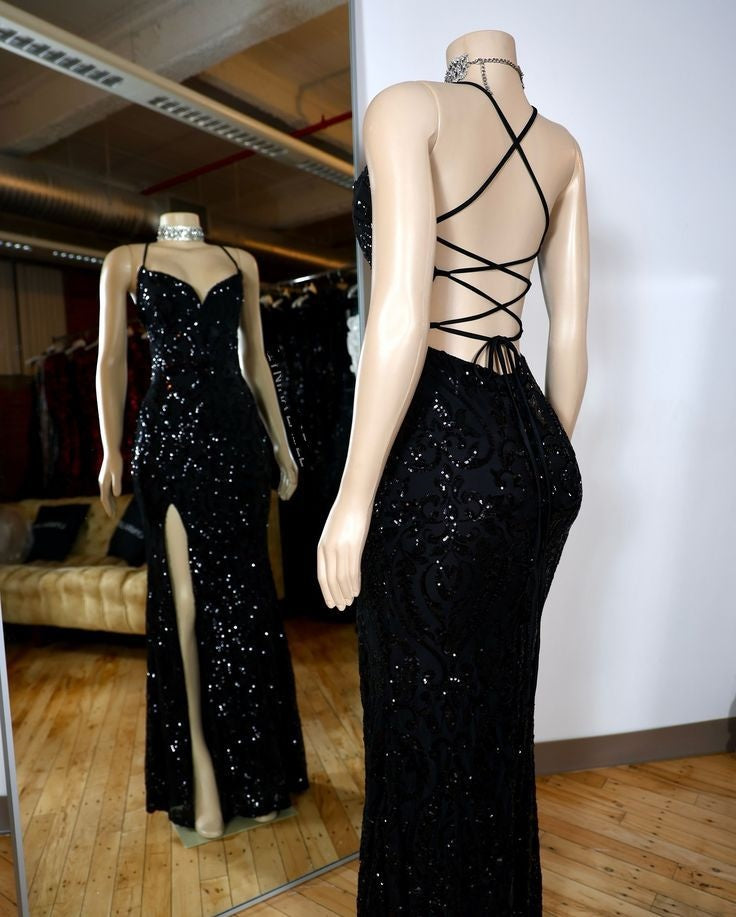 Prom Dress Inspo Mermaid Sparkly Halter Black Sequined Slit Formal Evening Gown for Women Graduation Party RC0180