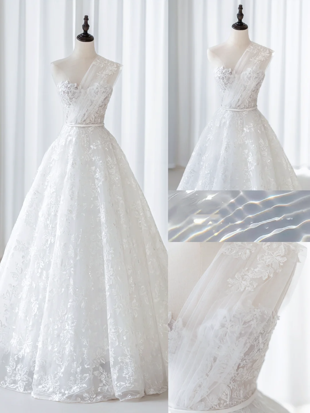 Simple Ball Gown One Shoulder Tulle Lace White Fit And Flare Long Floor Length Pleats Wedding Dress AB1007