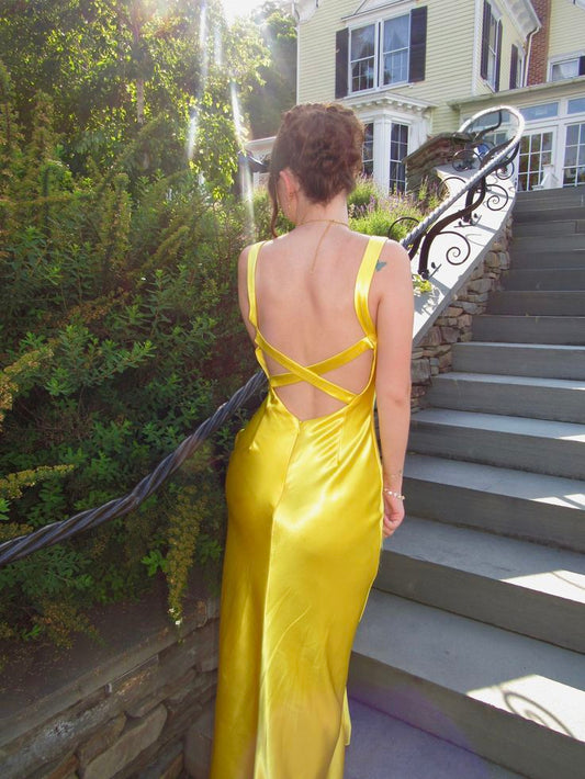 Yellow Mermaid Yellow Satin V-neck Backless Long Evening Prom Dresses Wedding Guest Dress N267