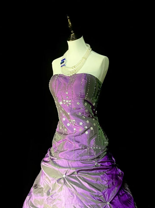 Modest Ball Gown Strapless Purple Taffeta 80s Long Prom Dresses Inspiration Party Gowns Vintage Formal Dress N1303