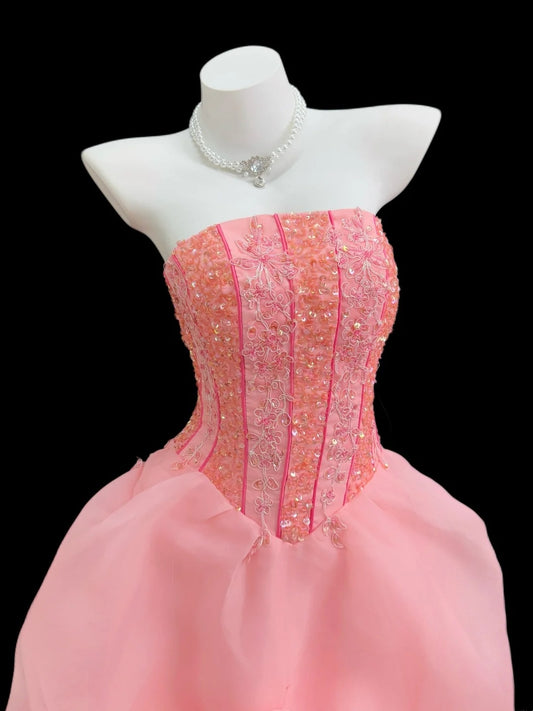 Vintage Prom Dresses 90s Formal Ball Gowns Strapless Pink With Beadings Long Party Gowns N4487