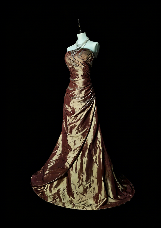 Vintage Mermaid Strapless Brown Beaded Sleeveless 80s Prom Dresses Long Formal Party Gown N1490