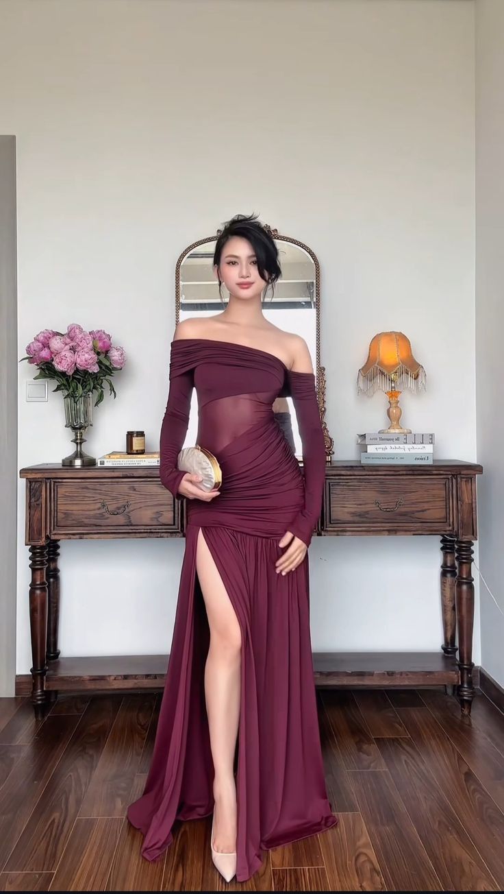 Vintage Fashion Long Prom Dresses Mermaid Off The Shoulder Burgundy Evening Dress For Women AB1472