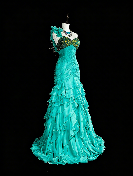 Vintage Mermaid One Shoulder Chiffon Green 70s With Pleated Beads Long Prom Gown Party Wear Dresses N1841