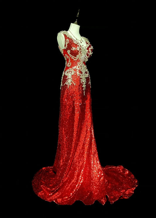 Vintage A line V Neck Red Sequin With Gold Appliques Bodice College Formal Outfit Long Prom Graduation Dresses For Teens N1304