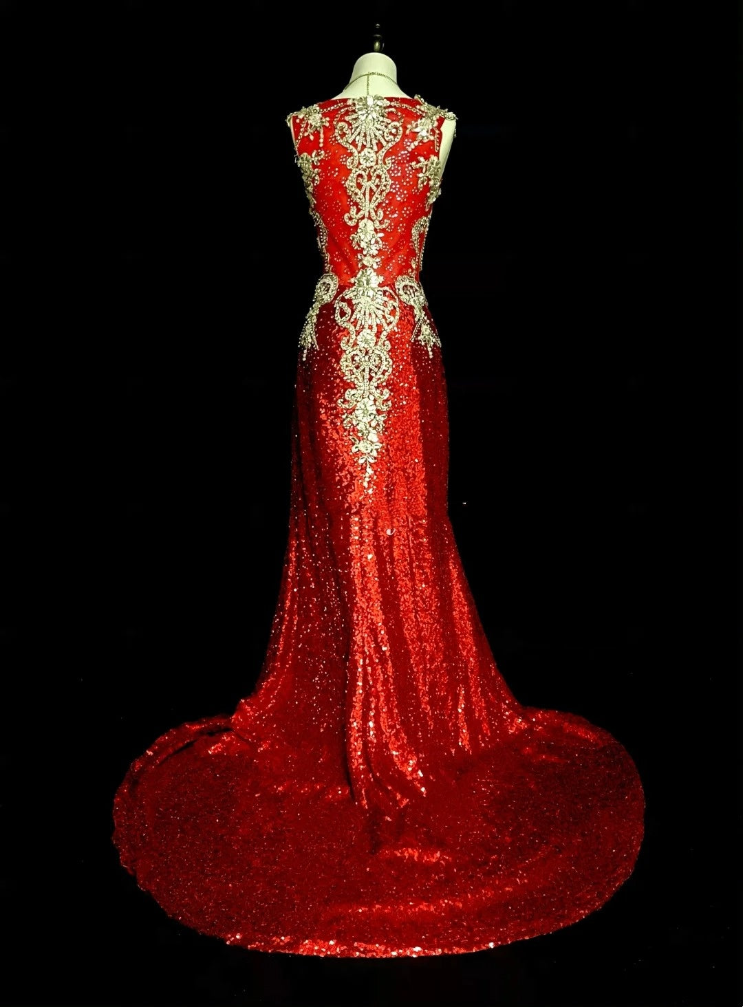 Vintage A line V Neck Red Sequin With Gold Appliques Bodice College Formal Outfit Long Prom Graduation Dresses For Teens N1304