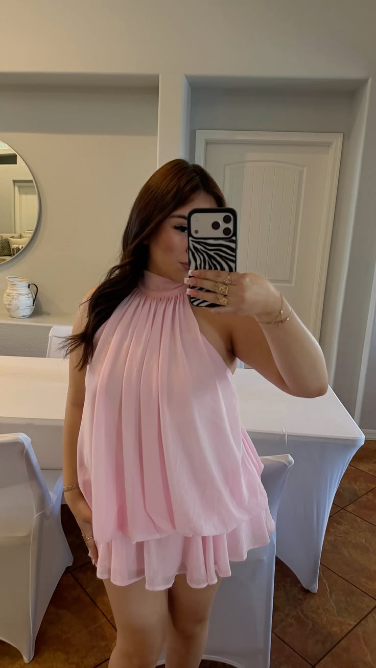 Simple Homecoming Outfit Ideas A Line Halter Pink Fit and Flare High School Ideas Inspo Senior Graduation Dress RB7274