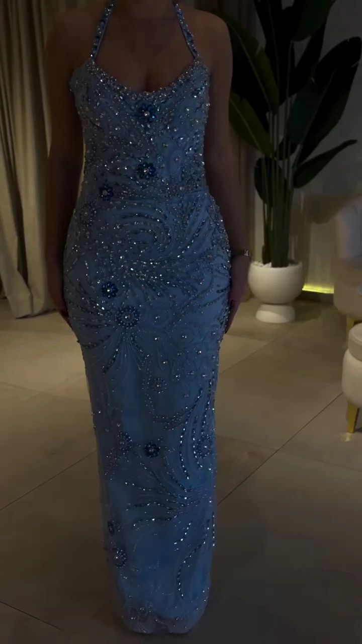 Fancy Mermaid Halter Blue Beaded Long Prom Dresses Formal Gown Inspo Evening Outfit N225