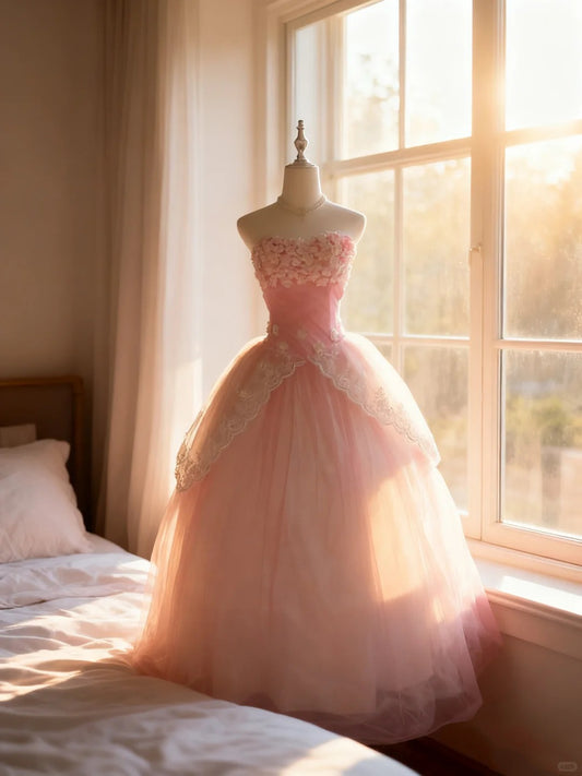 Elegant Ball Gown Strapless Blush Pink With Lace Quince Dress Voluminous Long Sweet 16 Quinceanera Dresses Vestido de princesa RB4496