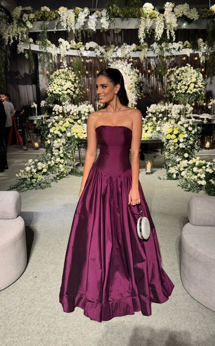 Modern Purple Satin Simple Strapless Elegant A-line Slim-Fit Party Evening Prom Dress N2347