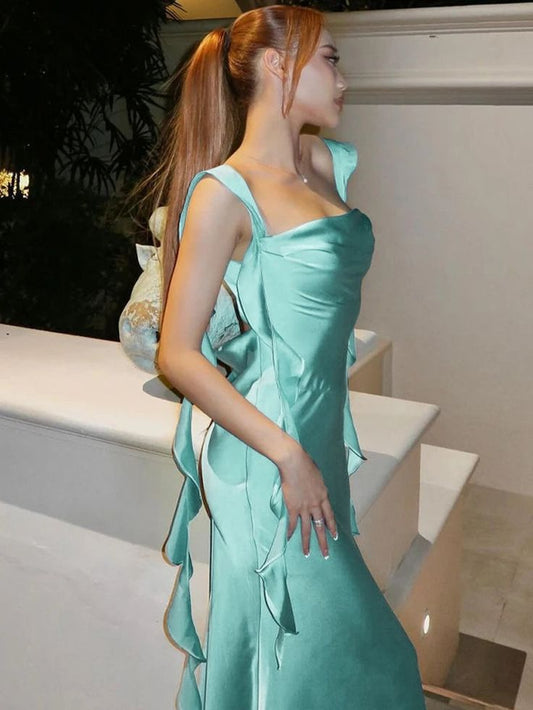 Classy Satin Backless Maxi Dress Tassels Sexy Sleeveless Prom Dresses Formal Dress AB142