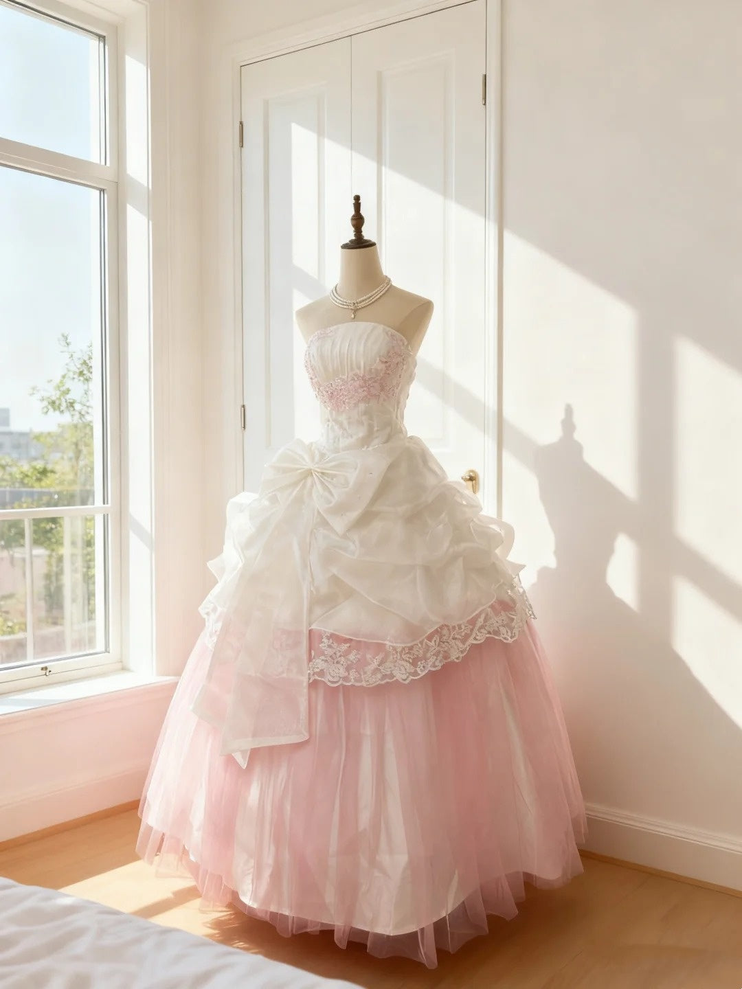 Beautiful Ball Gown Strapless White Pink Lace-adorned With Appliqued Quince Dress Long Sweet 16 Quinceanera Dresses Vestido de princesa RB4497