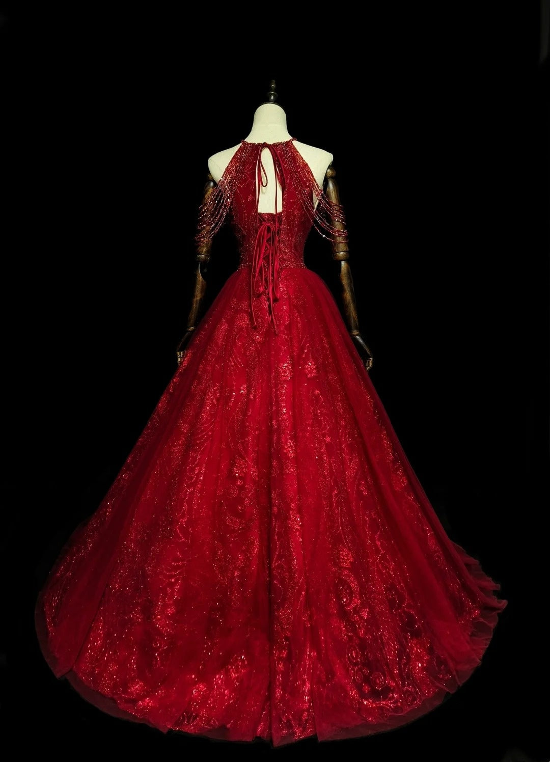 Chic Ball Gown Halter Red Tulle Long College Formal Outfit Prom Graduation Dresses For Teens N1372