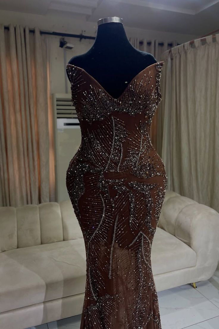 Elegant Sparkle Brown Mermaid Court Train V-neck Sleeveless Prom Dresses For Women AB1536