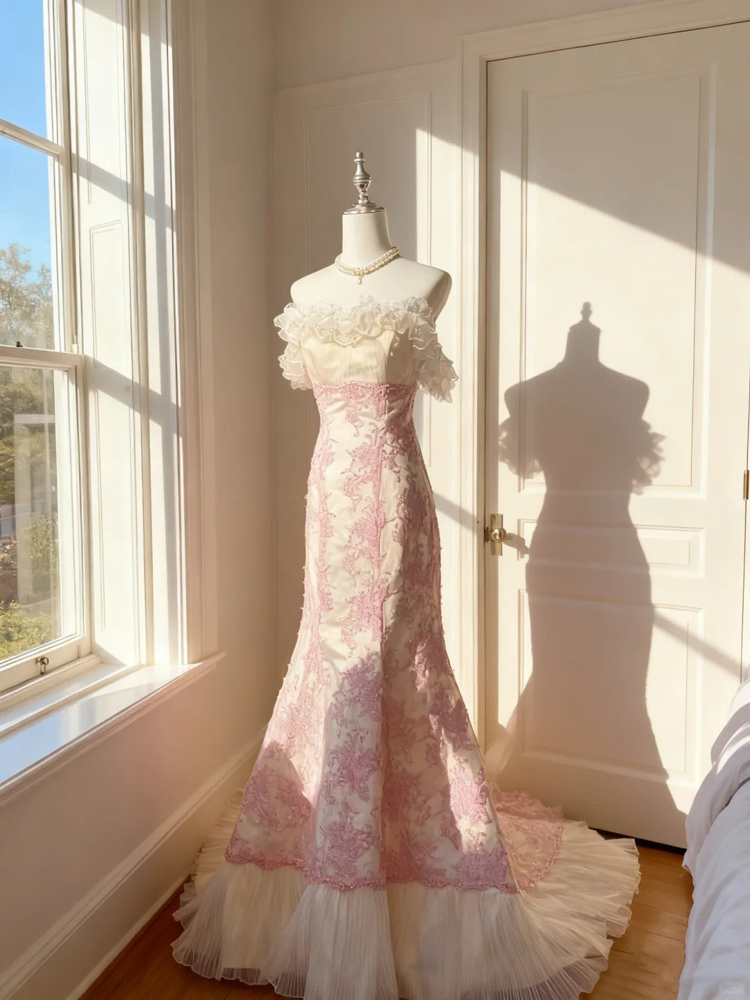 Classic Mermaid Strapless Pink Lace With Ruffled Floor Length Prom Dresses Inspo Formal Outfits RB4500