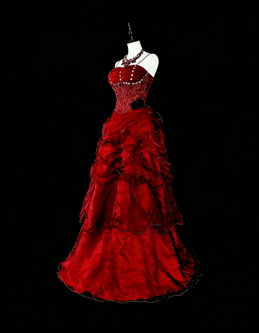 Elegant Ball Gown Spaghetti Strap Burgundy Tulle Inspiration Long Prom Dresses Party Dress N1843