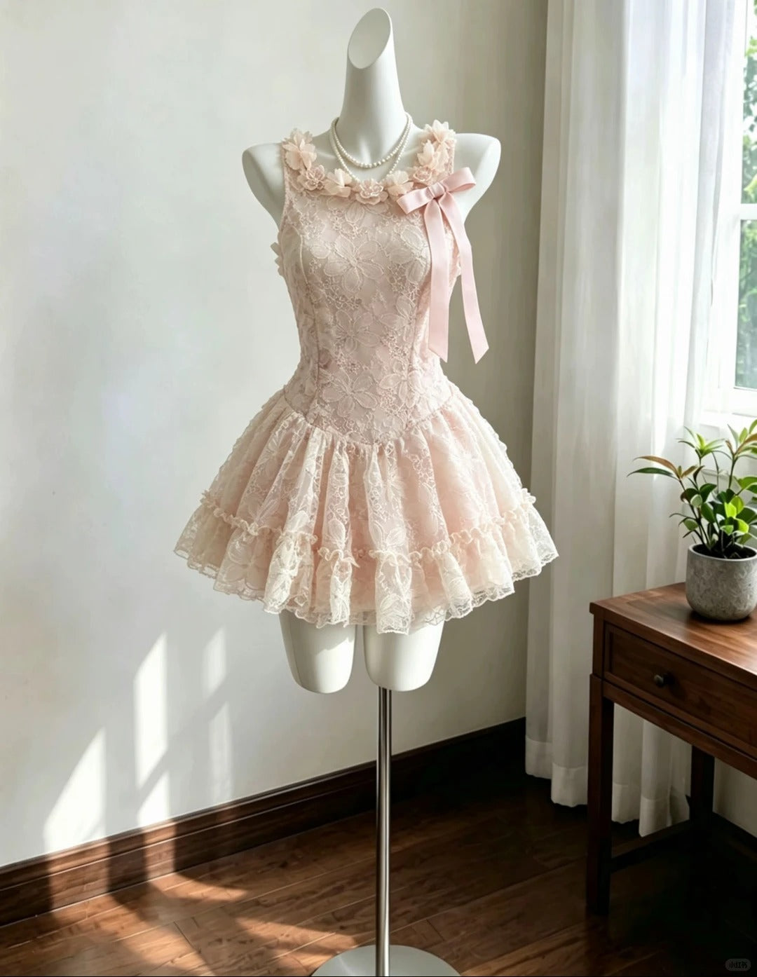 Cute Ball Gown Square Lace Pink With Bow Graduation Dresses Inspo Senior Homecoming Outfits RB4715