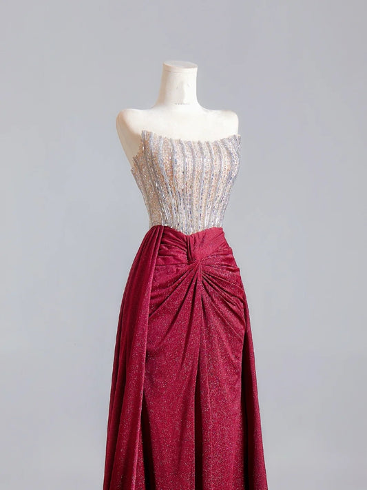 Sparkly Sheath Strapless Burgundy Sequin Long Prom Dresses Impress 18th Birthday Outfits Party Gown N343