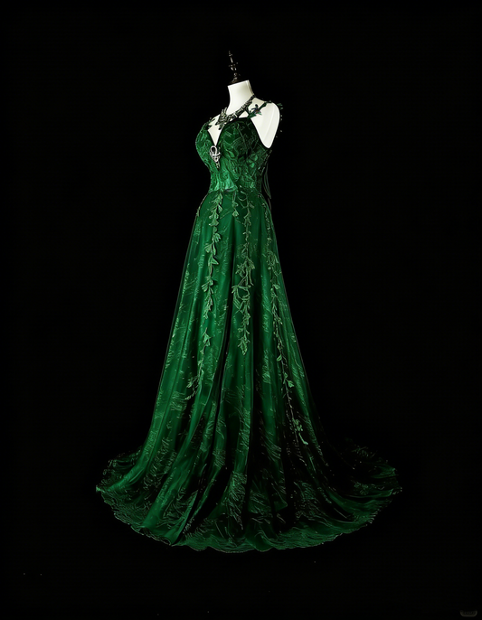 Modest A line Spaghetti Straps Dark Green Tulle With Appliques Long Prom Gown Party Wear Dresses N1847