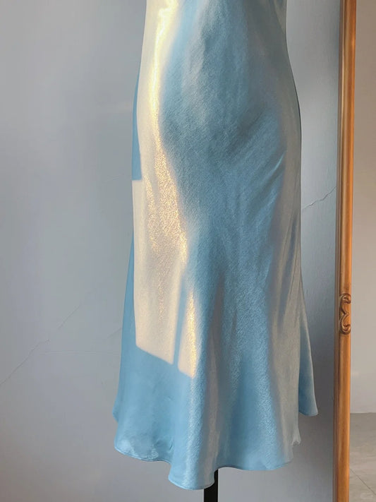 Vintage Prom Dresses 90s Mermaid High Neck Blue With Ruffles Sleeveless Knee Length Evening Formal Outfits RB4257