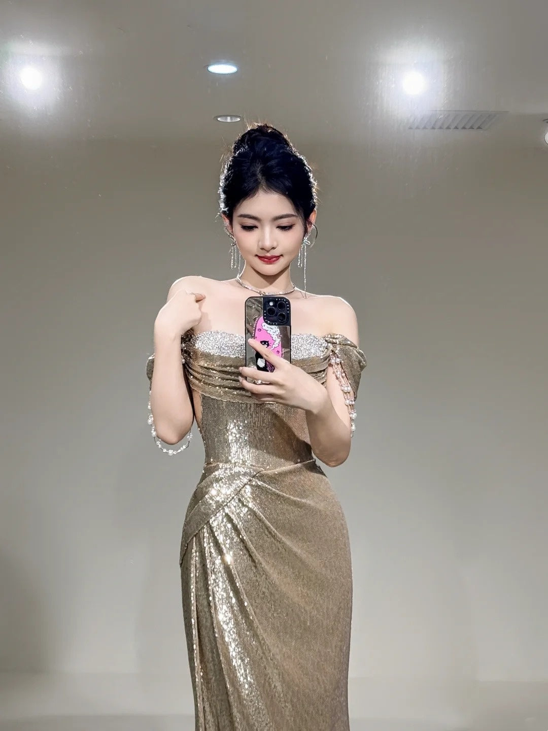 Glitter Mermaid Off The Shoulder Sequin Long Prom Dresses Champagne Formal Gowns Inspo Evening Outfit N234